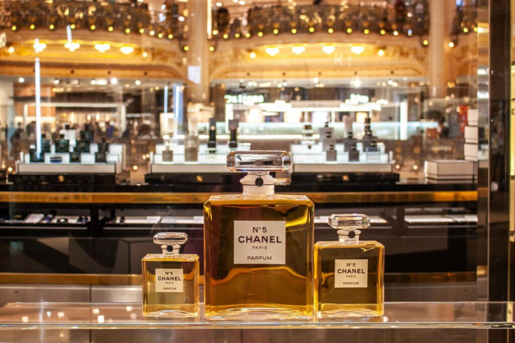 Chanel No. 5 perfume bottles displayed in a retail store